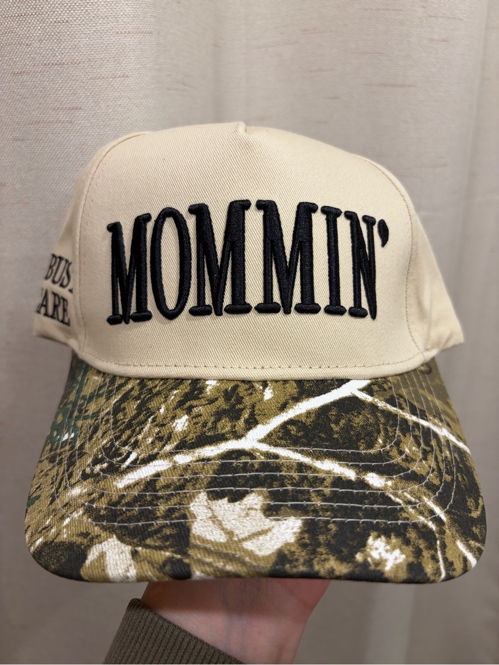 MOMMIN' Embroidered Beige Trucker Hat with Camo Brim